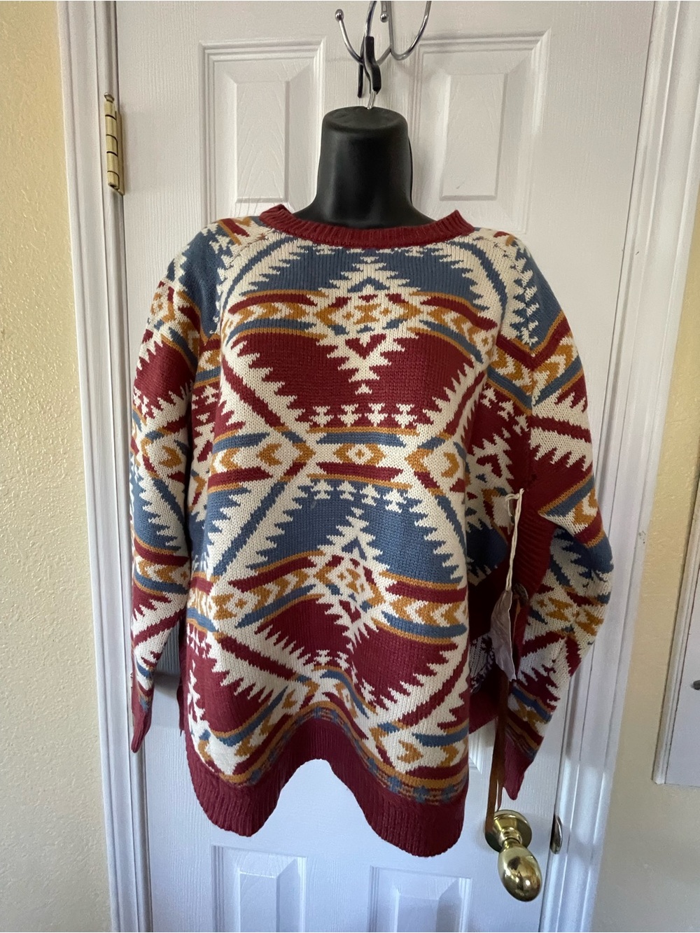 Women's Aztec Knit Crewneck Sweater - Burgundy Multi